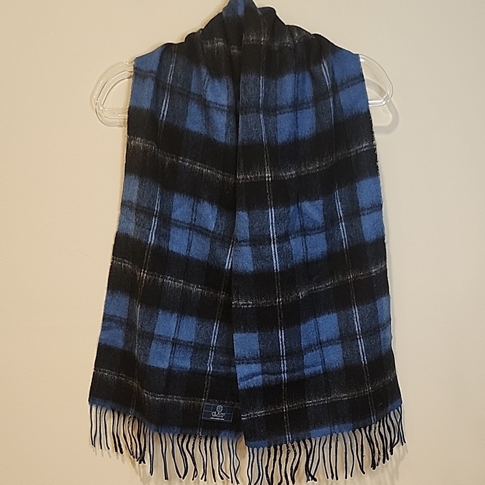 Lambswool Blue and Black  Plaid Scarf